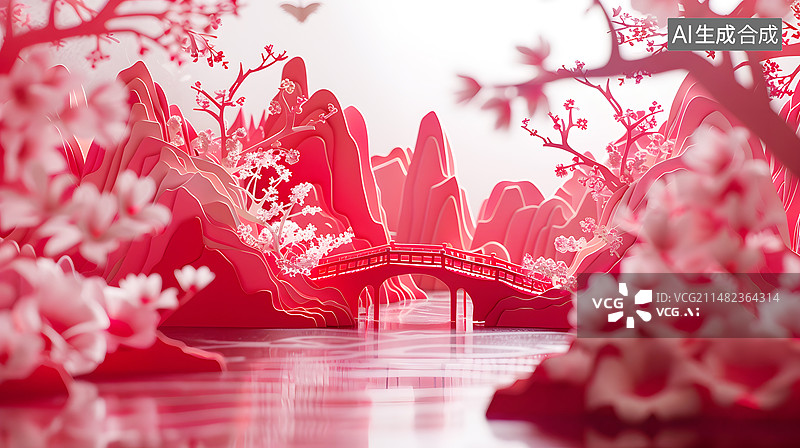 【AI数字艺术】AIGC:春日公园风景 3D立体剪纸风格 背景 插图图片素材