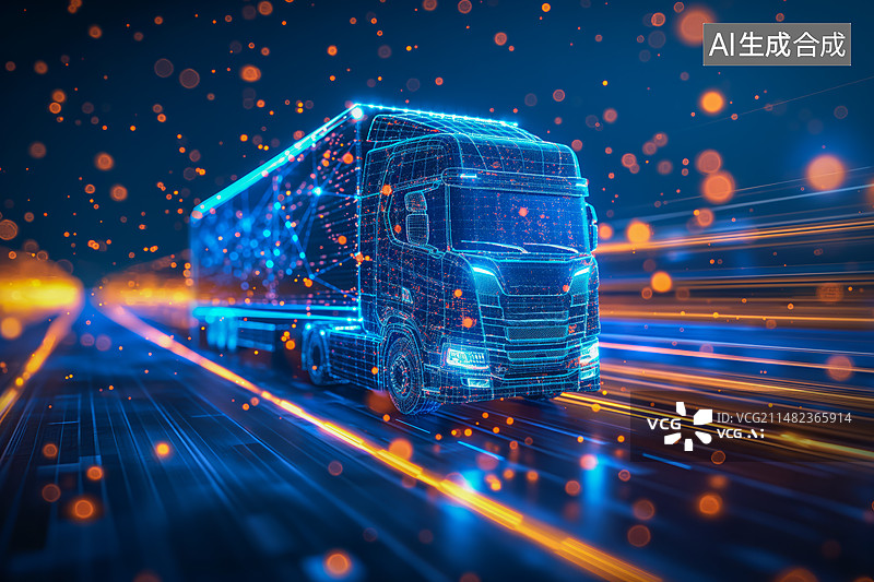 【AI数字艺术】互联网智慧物流概念有科技粒子组成的虚拟货车和虚拟公路图片素材