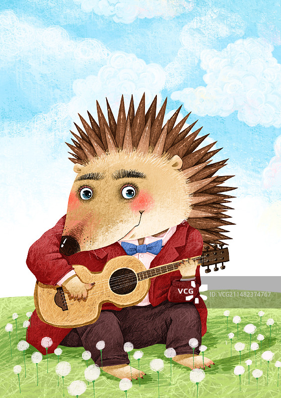 可爱有趣的动物插画 坐在地上弹吉他的刺猬图片素材