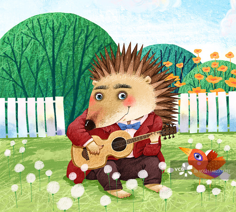 可爱有趣的动物插画 坐在地上弹吉他的刺猬图片素材