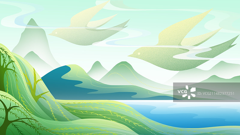 春天绿色柳树、鸟、山图片素材