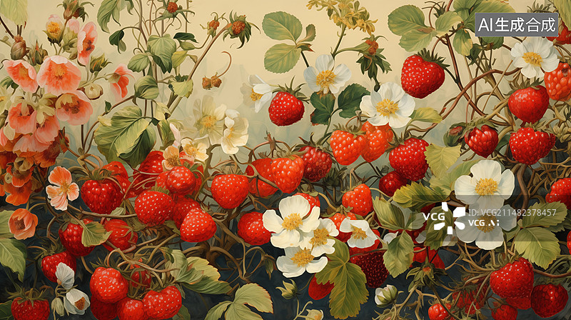 【AI数字艺术】草莓在植物上生长的特写镜头图片素材