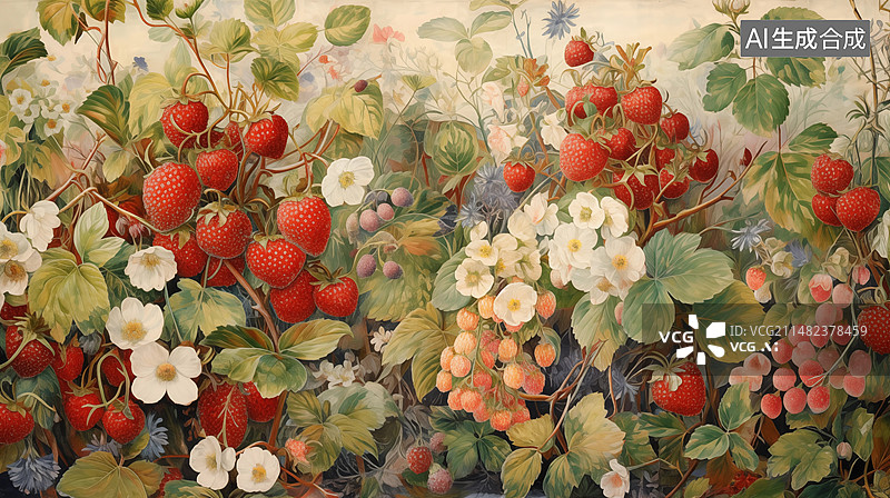 【AI数字艺术】草莓在植物上生长的特写镜头图片素材