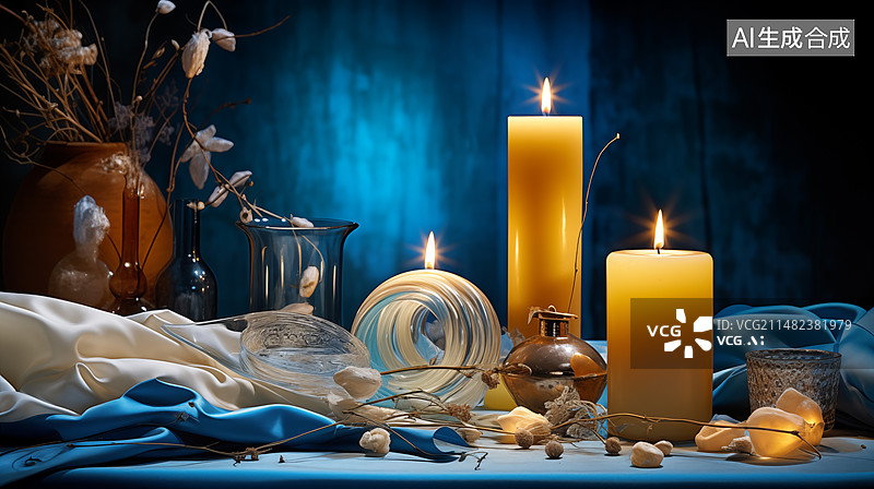【AI数字艺术】桌上放着蜡烛和蜡烛的蜡烛特写镜头图片素材
