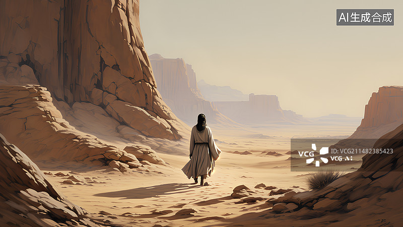 【AI数字艺术】一个古代侠客走在荒漠戈壁的山谷里图片素材