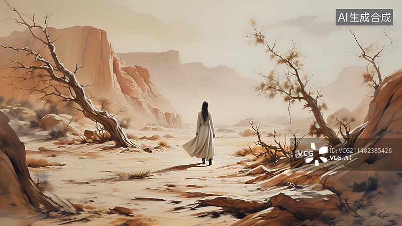 【AI数字艺术】一个古代侠客走在荒漠戈壁的山谷里图片素材