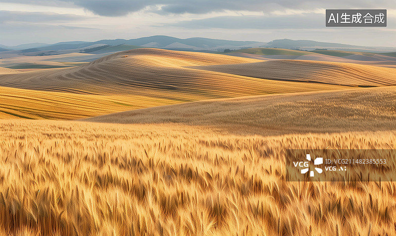 【AI数字艺术】夏天晴朗天气金色麦田蓝天白云自然风光图片素材