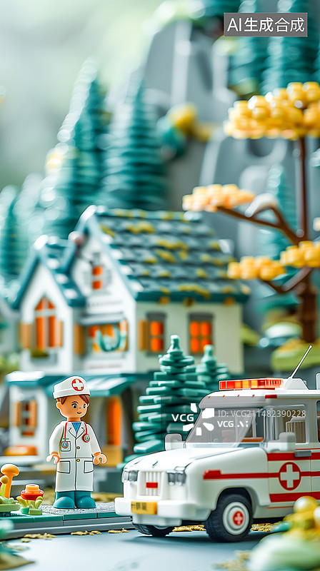 【AI数字艺术】微缩景观救护车乐高图片素材
