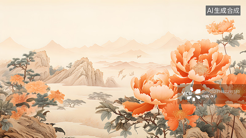 【AI数字艺术】牡丹山水画图片素材