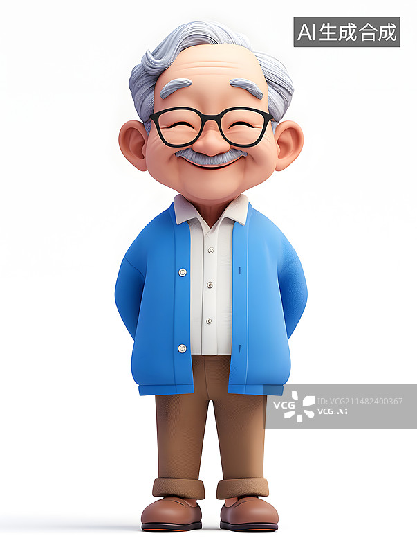 【AI数字艺术】一个微笑站着的老人3D人物插画图片素材