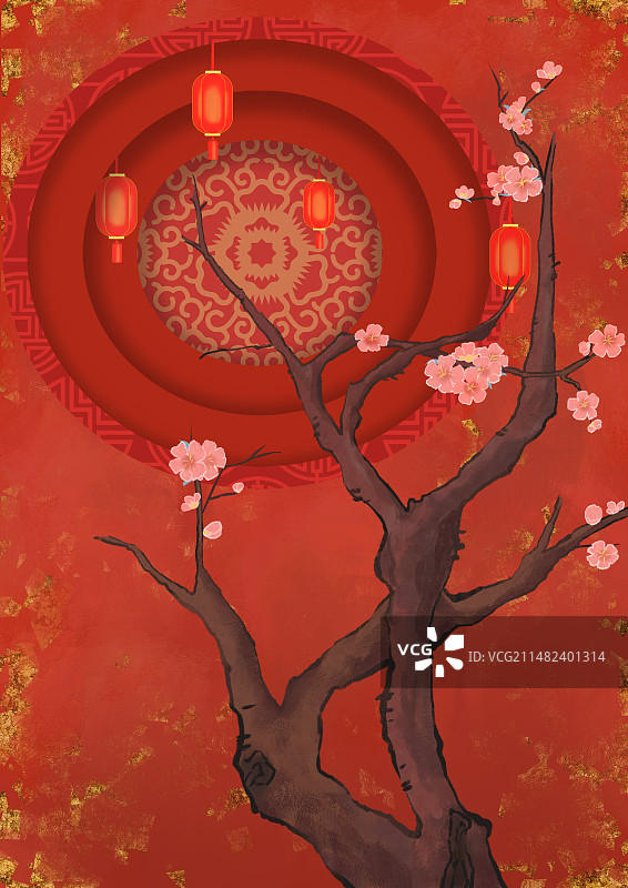 新年海报梅花树灯笼底纹模版窗花过年桃花图片素材