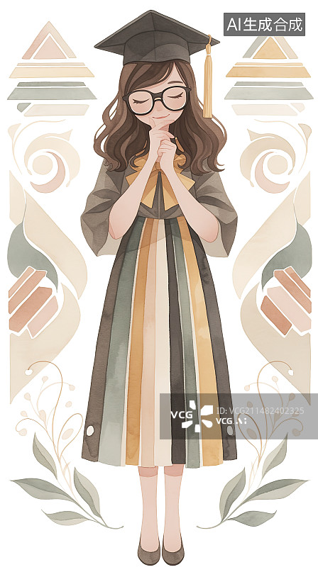 【AI数字艺术】穿着毕业礼服的年轻女子站在白色背景下图片素材