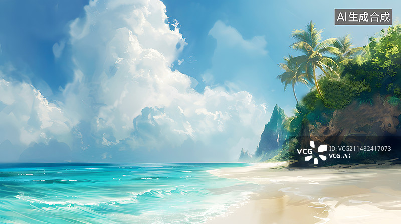 【AI数字艺术】AIGC:夏天热带海岛上的棕榈树，旅游目的地，沙滩海洋背景 插图插画图片素材