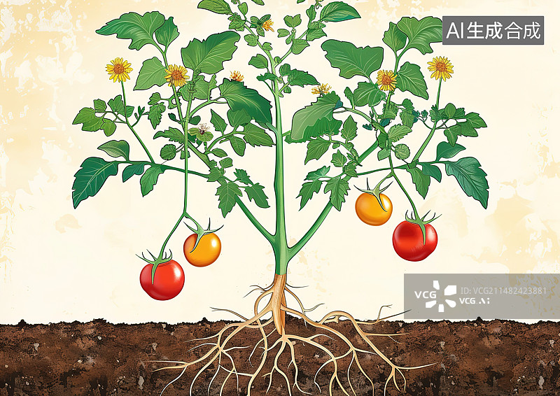 【AI数字艺术】植物上生长的西红柿特写镜头图片素材