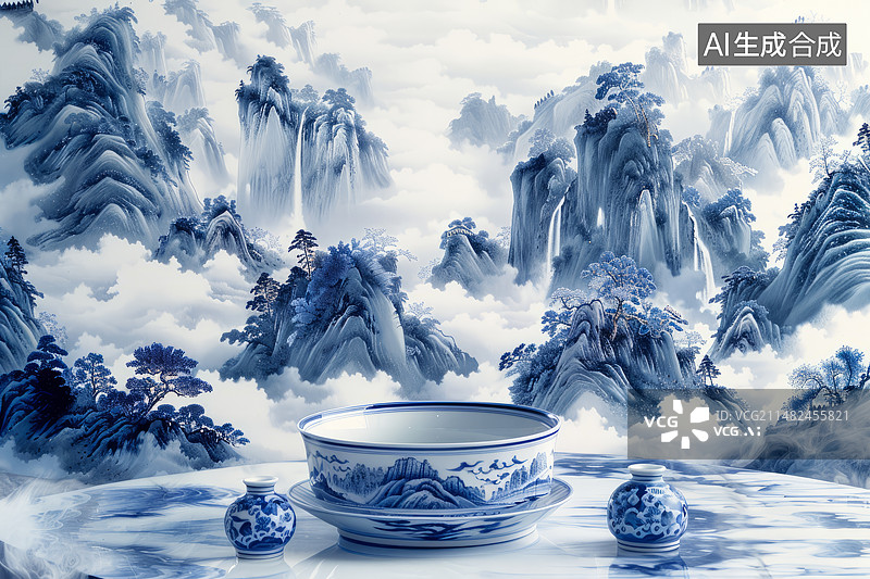 【AI数字艺术】中国瓷器和山水画的融合图片素材