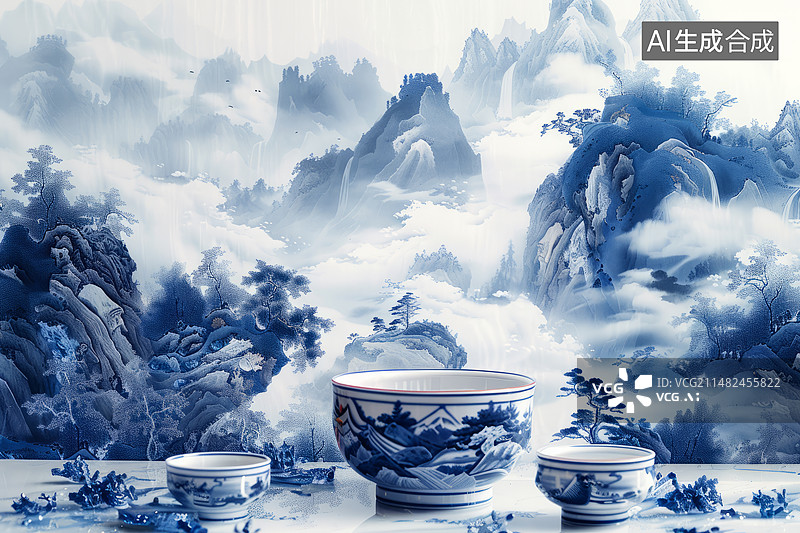 【AI数字艺术】中国瓷器和山水画的融合图片素材