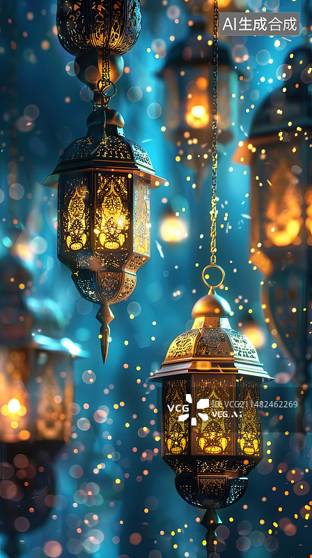 【AI数字艺术】悬挂在天花板上的照明设备的低角度视图图片素材