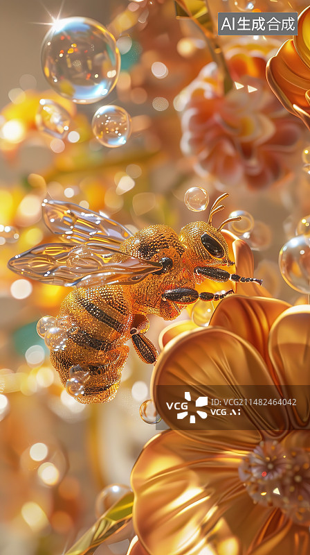 【AI数字艺术】蜜蜂在黄花上授粉的特写镜头图片素材