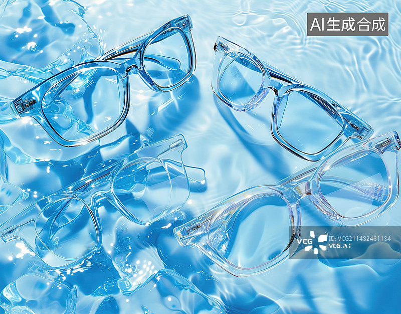 【AI数字艺术】蓝色桌子上的眼镜特写镜头图片素材