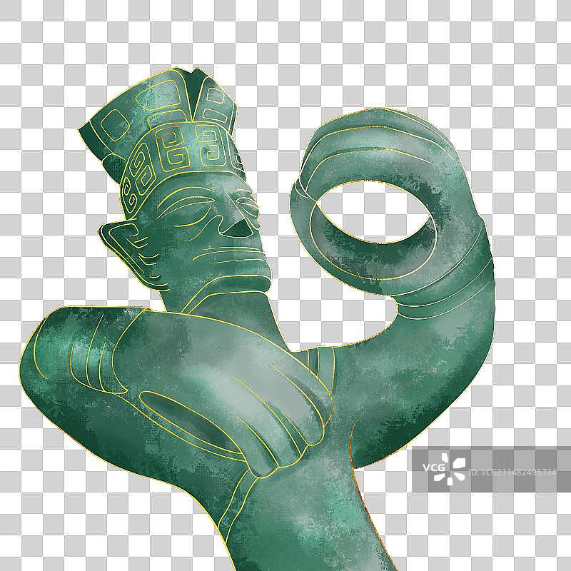 三星堆大型铜人国潮风插画元素图片素材