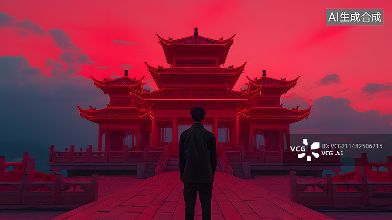 【AI数字艺术】红色城墙赛博朋克风插画图片素材