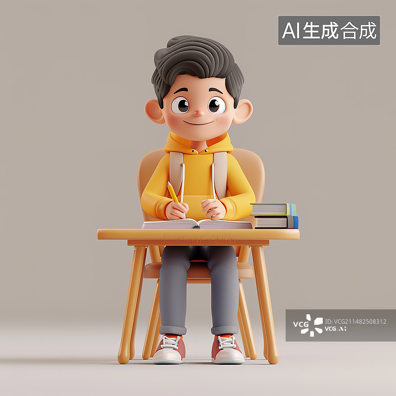 【AI数字艺术】一个学习桌前学习的小男孩卡通图片素材