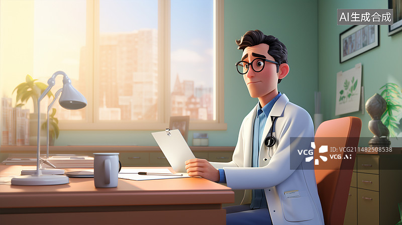 【AI数字艺术】3D卡通医院医生坐在诊室图片素材