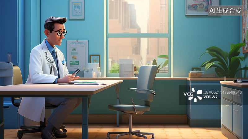【AI数字艺术】3D卡通医院医生坐在诊室图片素材