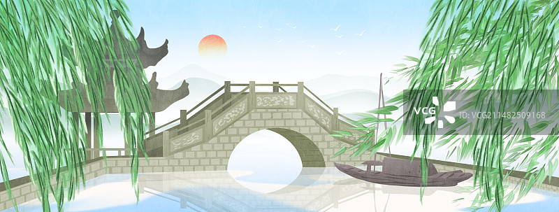 春天柳树飘动小桥流水亭台楼阁江南水乡风景插画图片素材