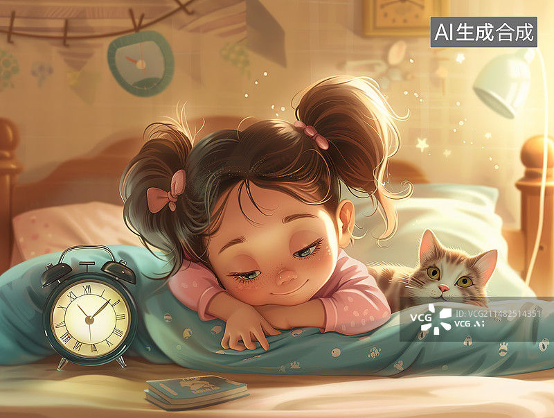 【AI数字艺术】女孩爬在床上场景图片素材