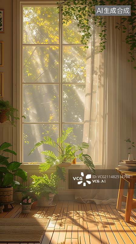 【AI数字艺术】阳光落地窗插画壁纸图片素材