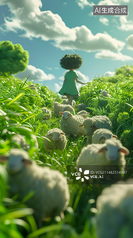 【AI数字艺术】放羊的小女孩插画图片素材