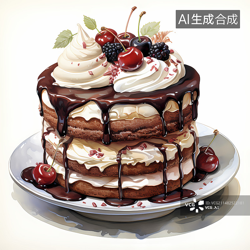 【AI数字艺术】数码科技水彩黑森林蛋糕插画图片素材