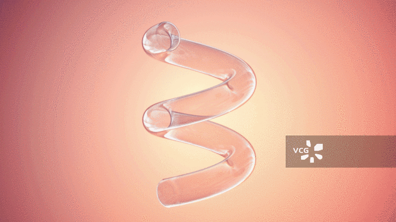 透明弯曲的管道与混合的粒子3D渲染图片素材