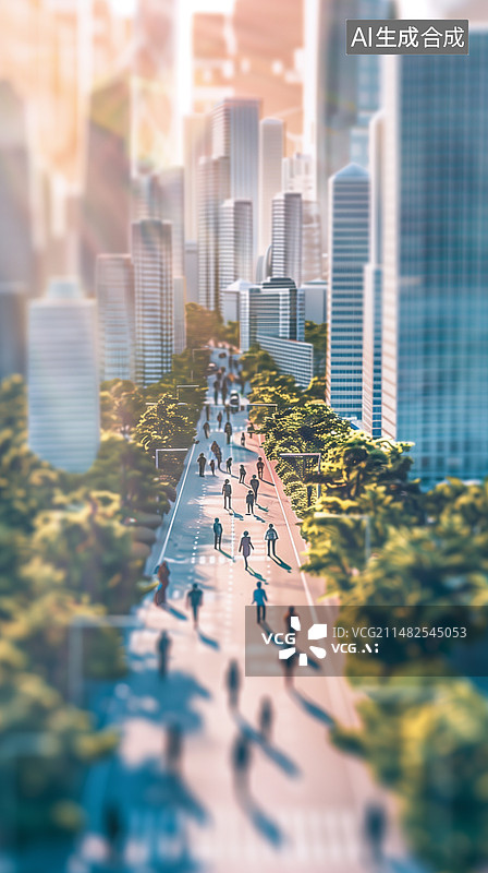 【AI数字艺术】卡通3D微距一群上班族走在城市马路上两边是摩天大楼风景图片素材