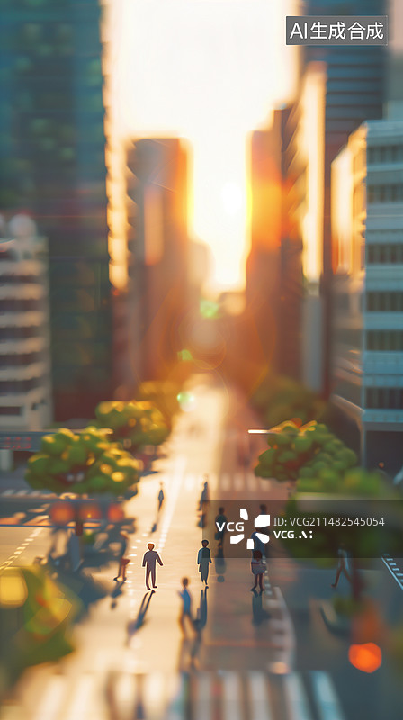 【AI数字艺术】卡通3D微距一群上班族走在城市马路上两边是摩天大楼风景图片素材