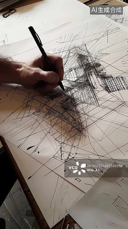 【AI数字艺术】建筑师在办公室办公桌上绘制蓝图的裁剪图像图片素材