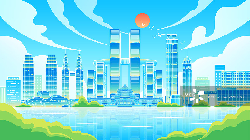 重庆城市地标建筑蓝色矢量插画图片素材