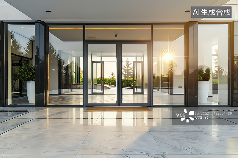 【AI数字艺术】现代建筑入口玻璃门图片素材