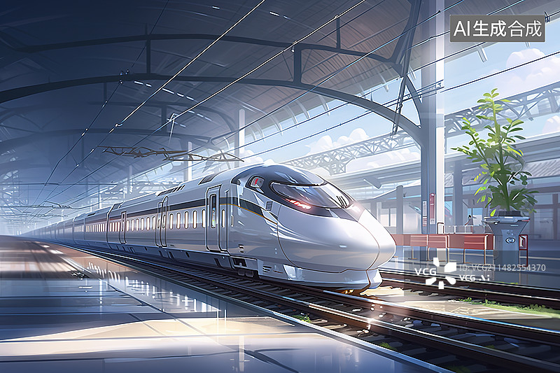 【AI数字艺术】白色的高速列车停靠在明亮的火车站台插画图片素材