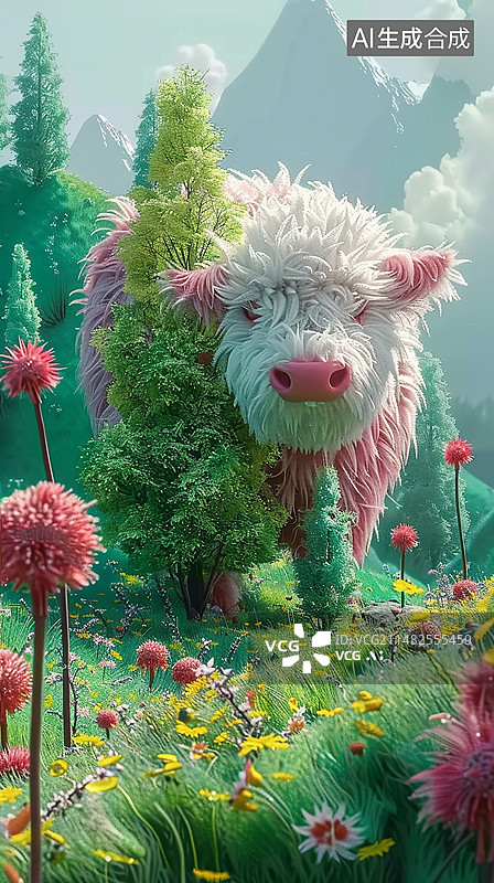 【AI数字艺术】清明3D毛绒风牛户外春天背景图片素材