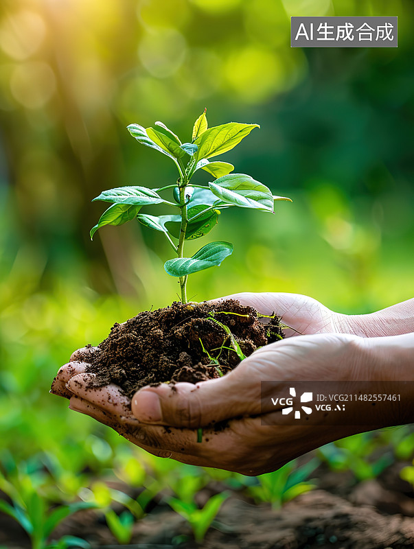 【AI数字艺术】双手捧起一颗树苗环境保护主题插图图片素材