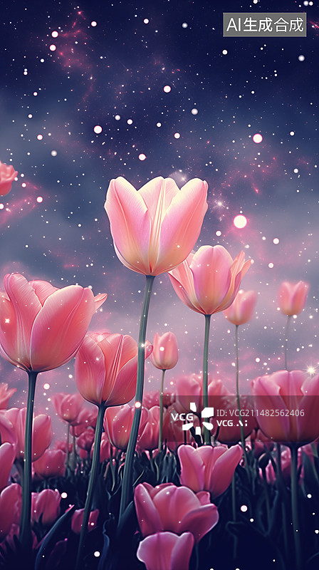 【AI数字艺术】粉红色郁金香特写镜头，户外盛开粉红色花朵的特写镜头图片素材