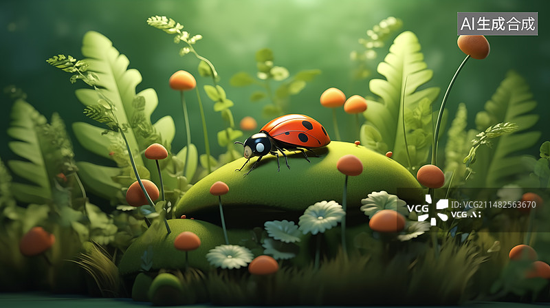 【AI数字艺术】植物上的瓢虫特写镜头，二十四节气背景图，背景图，绿色背景，生态环境，环境保护图片素材