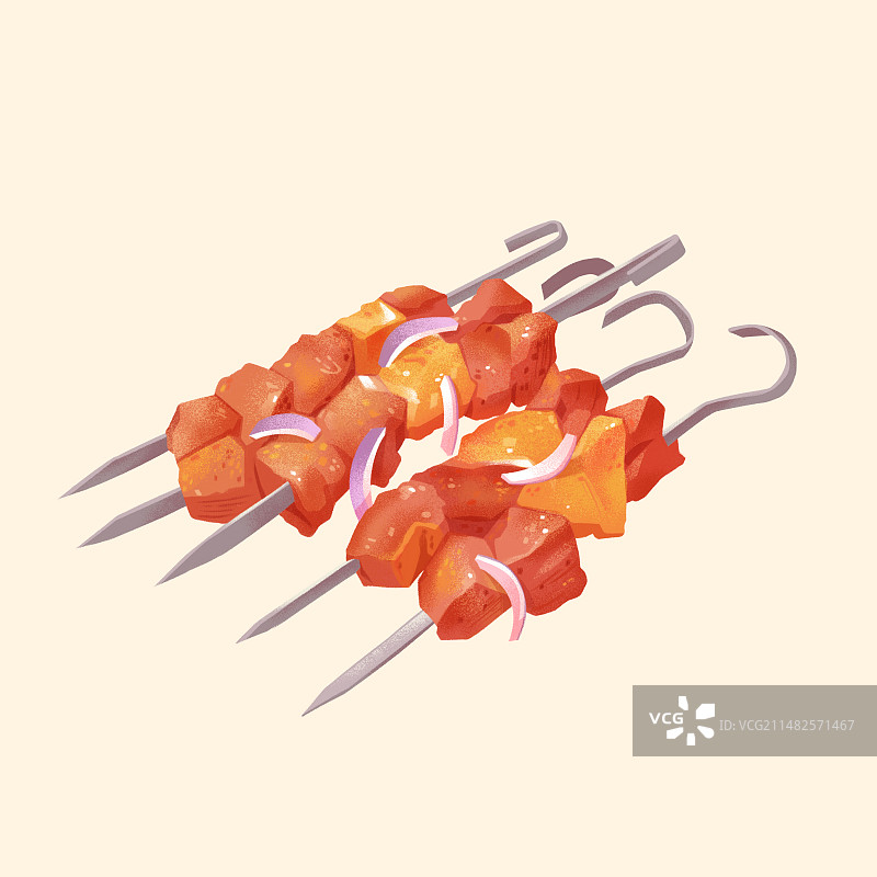 美食烤肉串牛羊肉串炭烤烧鸟传统美食美味手绘插画图片素材