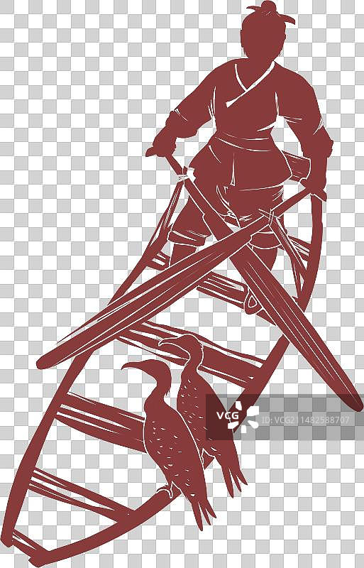 剪纸风格划船捕鱼的古代渔夫和鸬鹚传统纹样元素图片素材