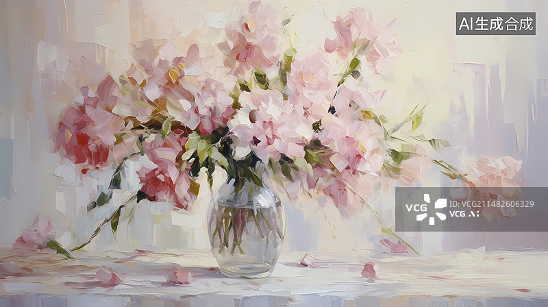 【AI数字艺术】厚涂粗笔触印象派桌上的粉花插花背景图片素材