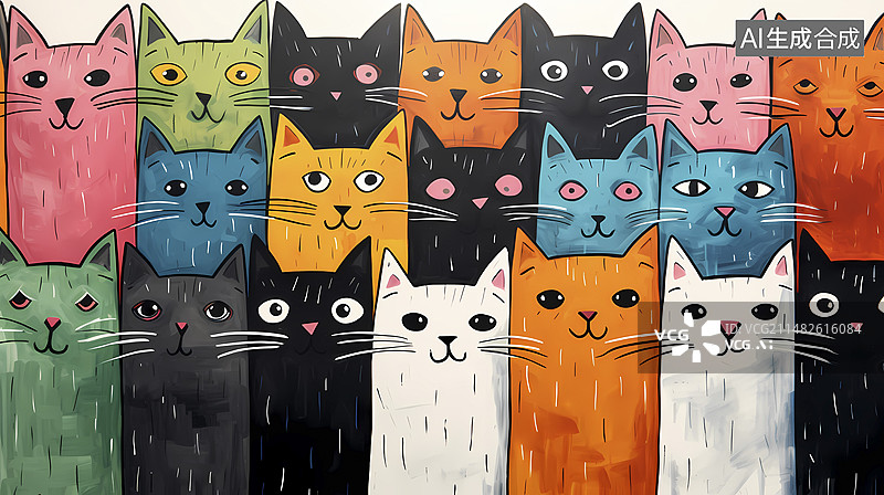 【AI数字艺术】手绘彩色卡通猫猫质感笔触抽象背景图片素材