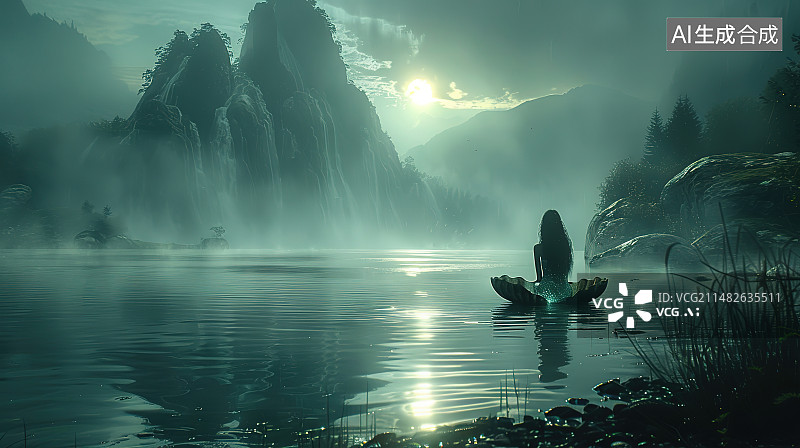 【AI数字艺术】坐在湖上的船上的女人图片素材