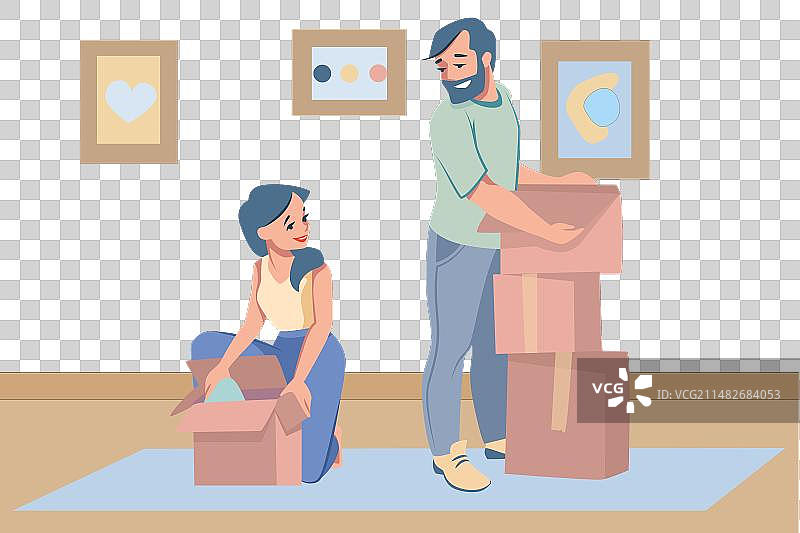 搬家纸箱：家庭搬迁的男人和女人图片素材